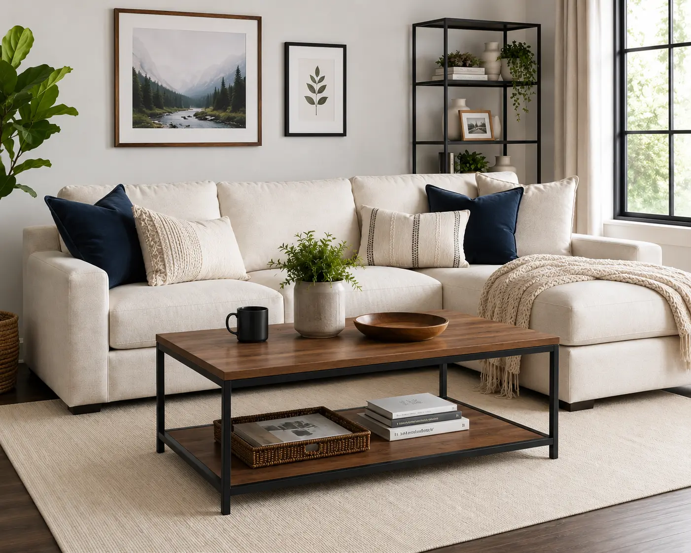 Neutral textured area rug styled in a modern living room